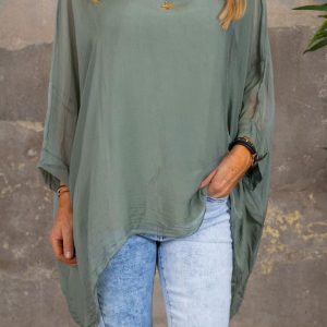 Anna silkestunika – Enfärgad – Khaki
