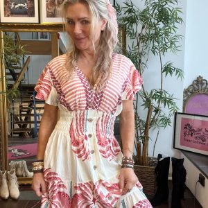 Ester – Klänning – Palmer och ränder – 429-E2 – Rosa