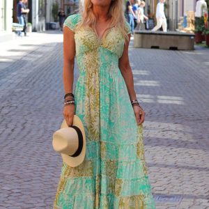 Yara Maxiklänning 30 – Blommönster – Turkos